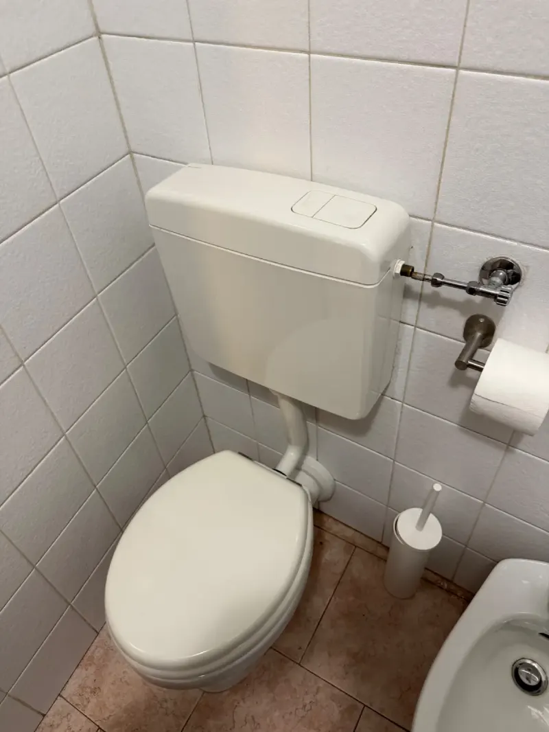 Vecchia cassetta esterna bianca con placca a doppio pulsante, collegata al rubinetto a muro e al tubo che scende nel water