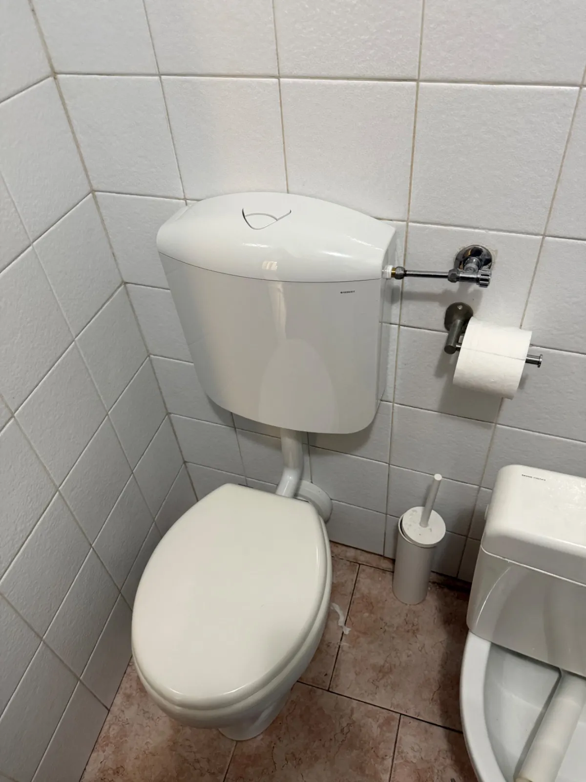 Cassetta esterna nuova montata sopra il water, con coperchio e pulsante doppio, collegata al rubinetto a muro