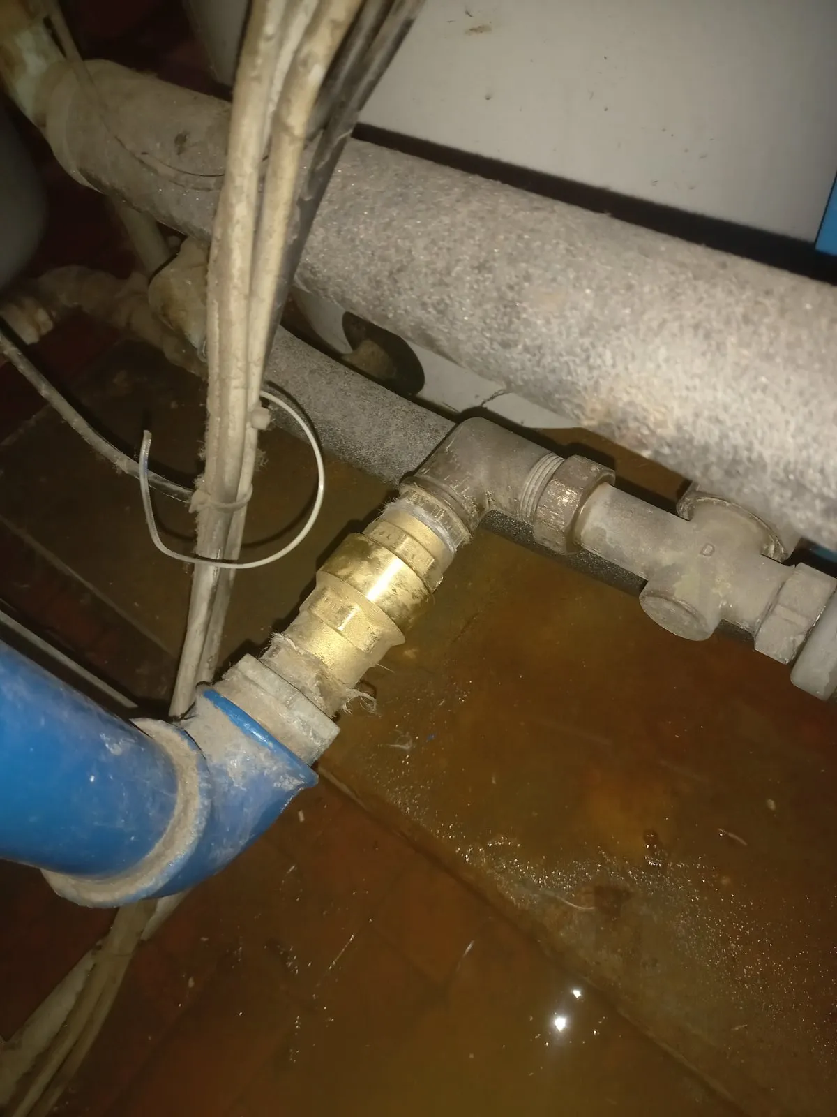 Valvola di non ritorno nuova in ottone montata tra un raccordo blu e un gomito, con canapa sul filetto e acqua sul pavimento